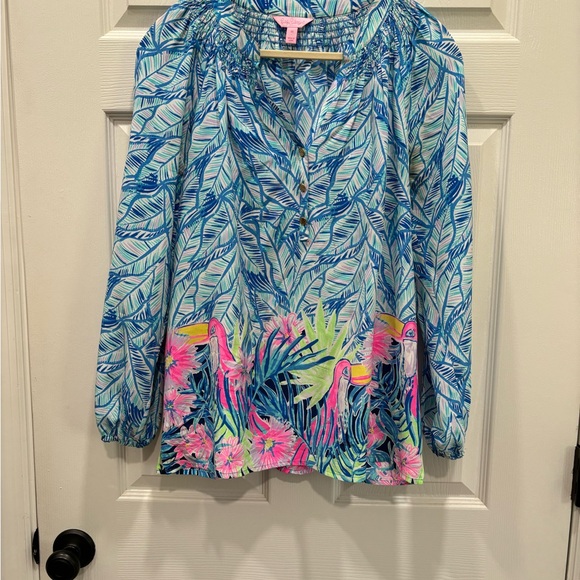 Lilly Pulitzer 100% Silk Elsa Top Let's Mango M GUC - Picture 2 of 9
